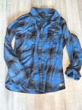 Fox Blue and Black Plaid Button-Down Shirt